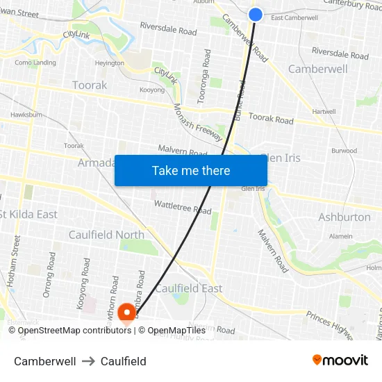 Camberwell to Caulfield map