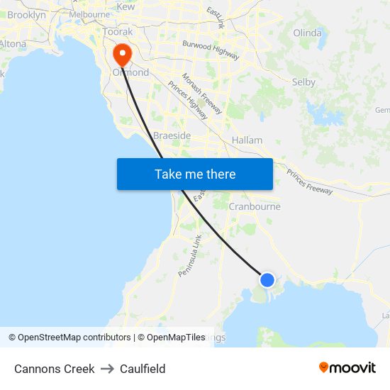 Cannons Creek to Caulfield map