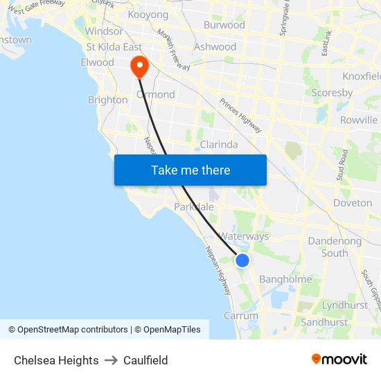 Chelsea Heights to Caulfield map