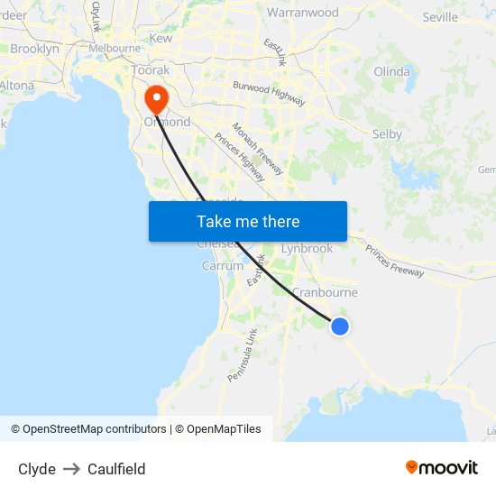 Clyde to Caulfield map