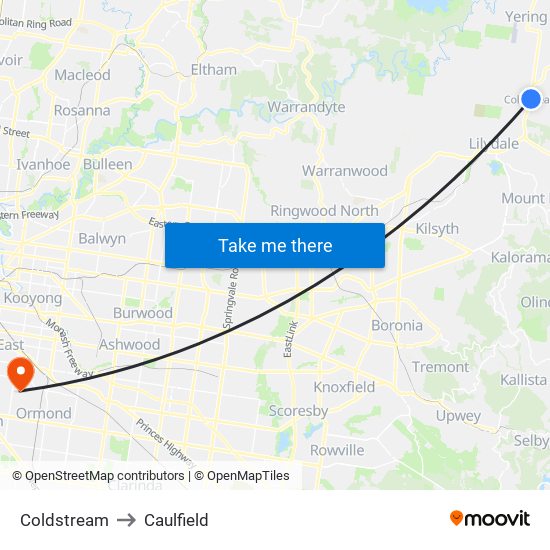 Coldstream to Caulfield map