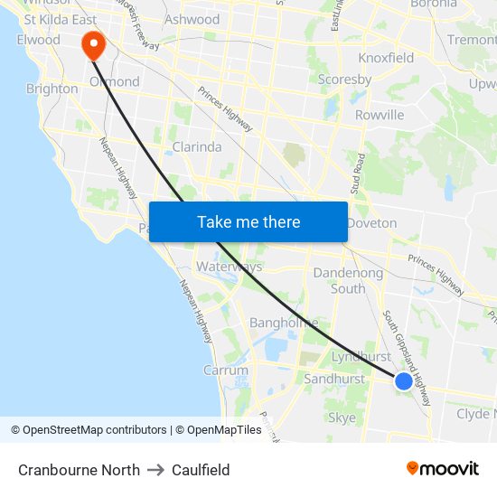 Cranbourne North to Caulfield map