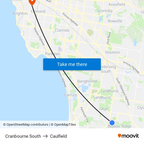Cranbourne South to Caulfield map