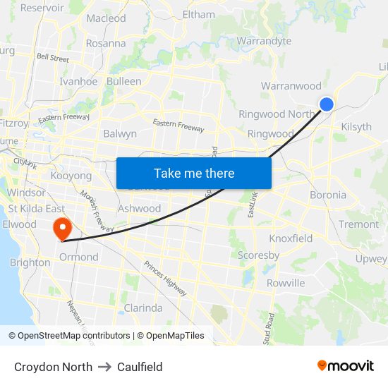 Croydon North to Caulfield map