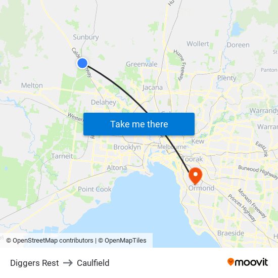 Diggers Rest to Caulfield map