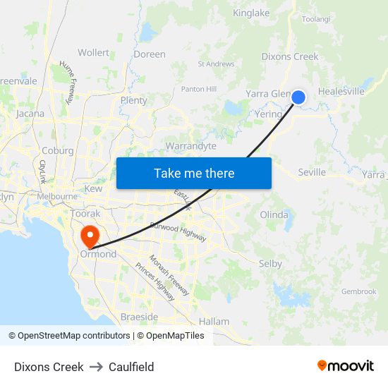 Dixons Creek to Caulfield map