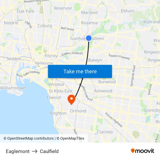 Eaglemont to Caulfield map