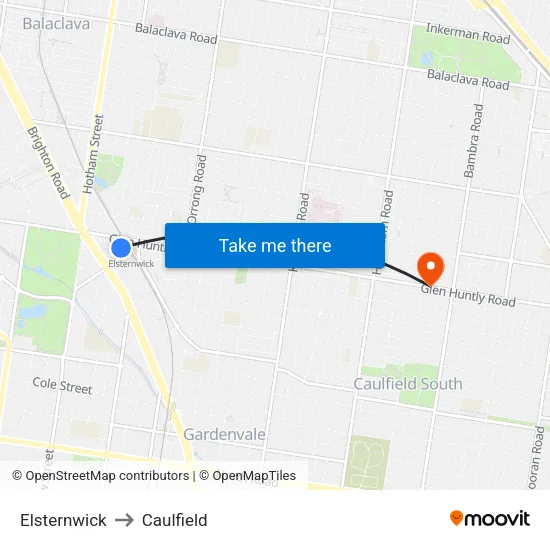 Elsternwick to Caulfield map