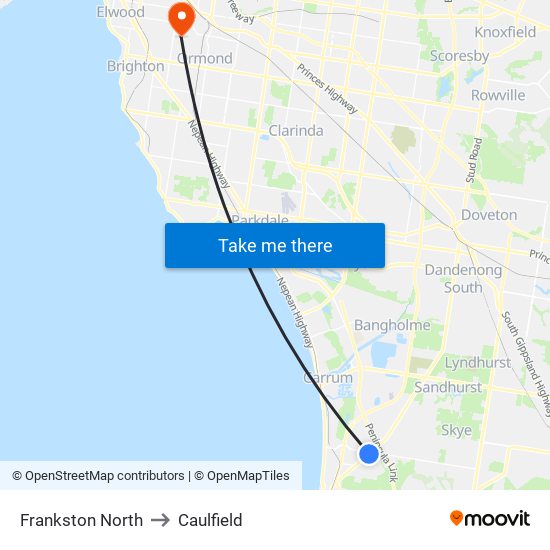 Frankston North to Caulfield map