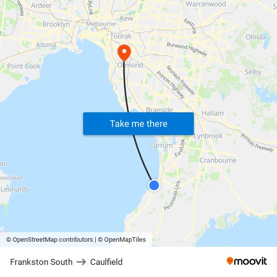 Frankston South to Caulfield map