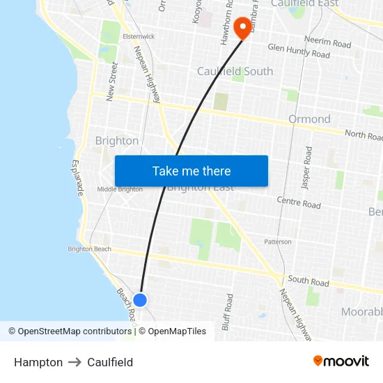 Hampton to Caulfield map