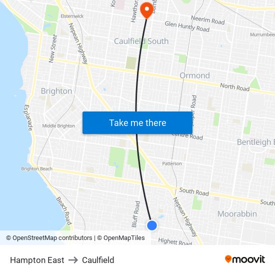 Hampton East to Caulfield map