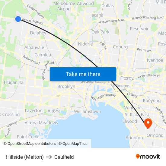 Hillside (Melton) to Caulfield map