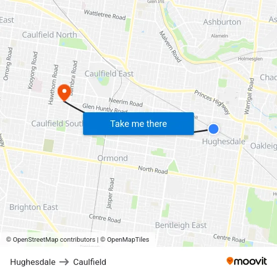 Hughesdale to Caulfield map