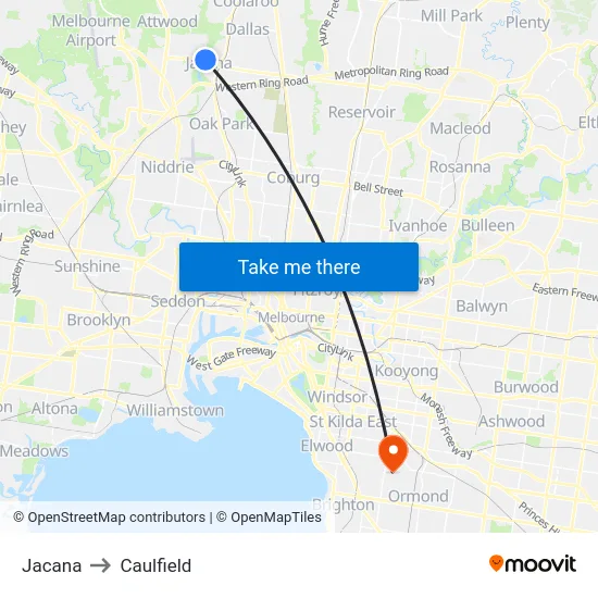 Jacana to Caulfield map