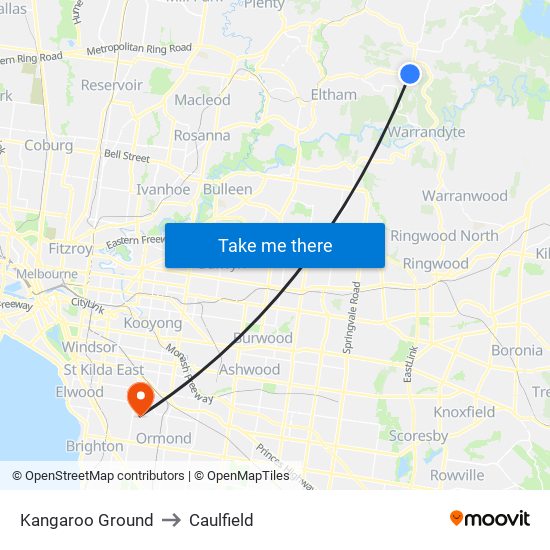 Kangaroo Ground to Caulfield map