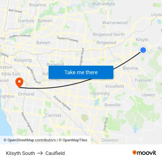 Kilsyth South to Caulfield map