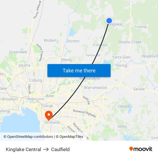 Kinglake Central to Caulfield map