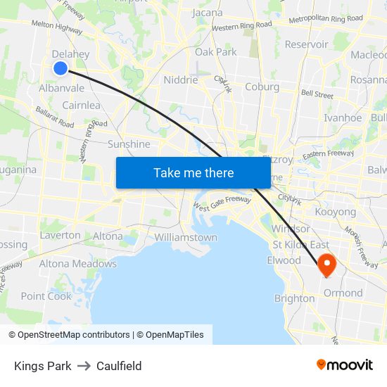 Kings Park to Caulfield map