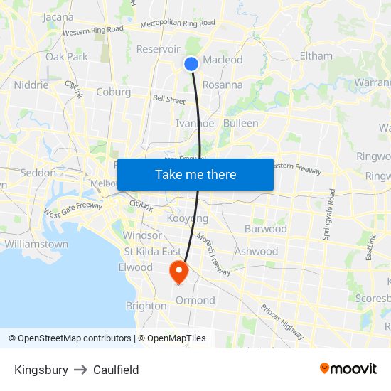 Kingsbury to Caulfield map