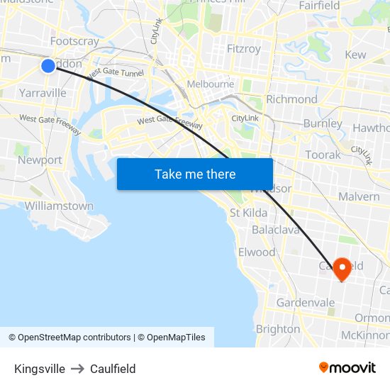 Kingsville to Caulfield map