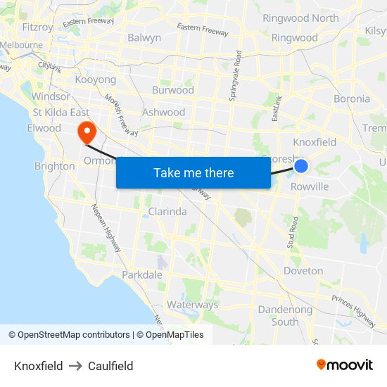 Knoxfield to Caulfield map