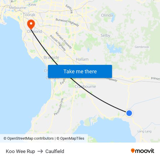 Koo Wee Rup to Caulfield map