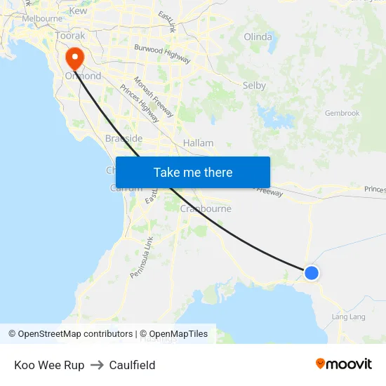 Koo Wee Rup to Caulfield map