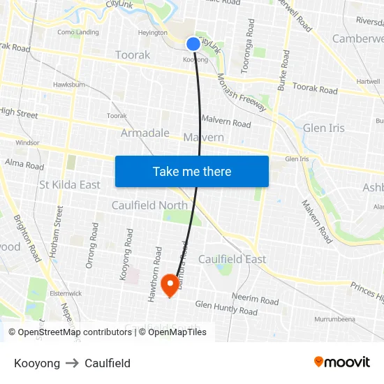 Kooyong to Caulfield map