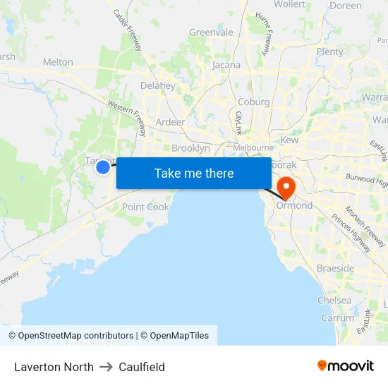Laverton North to Caulfield map