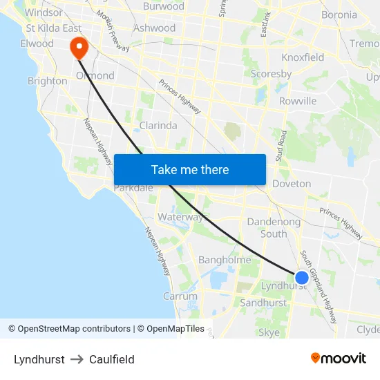 Lyndhurst to Caulfield map