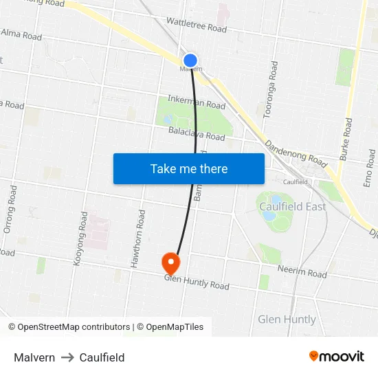 Malvern to Caulfield map