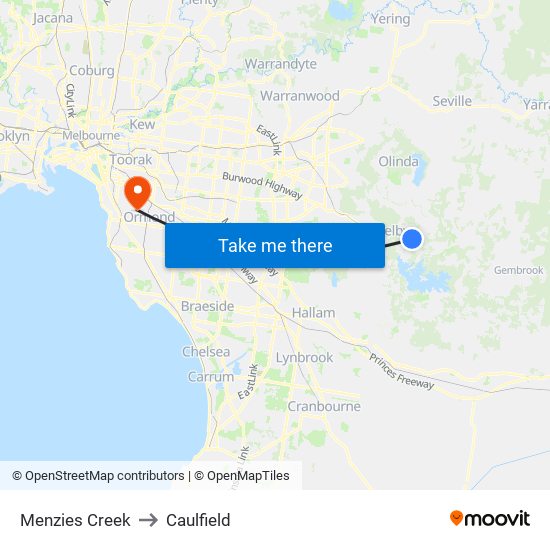 Menzies Creek to Caulfield map