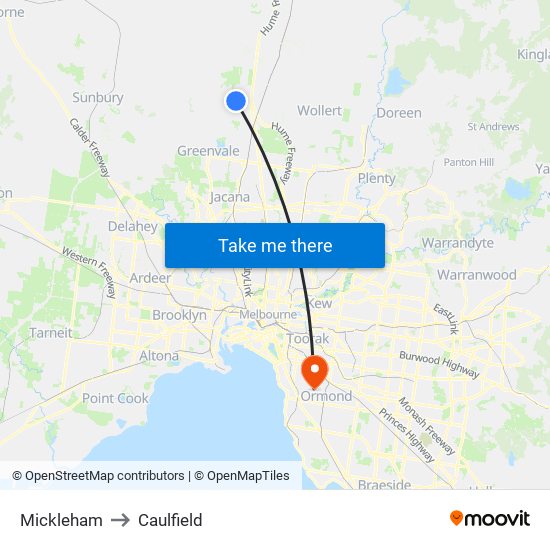 Mickleham to Caulfield map