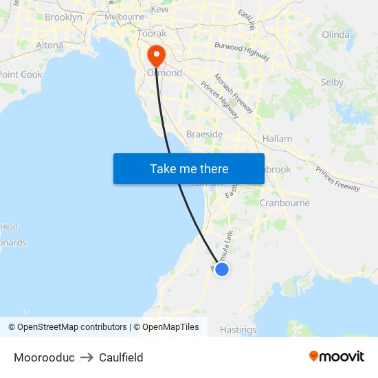 Moorooduc to Caulfield map