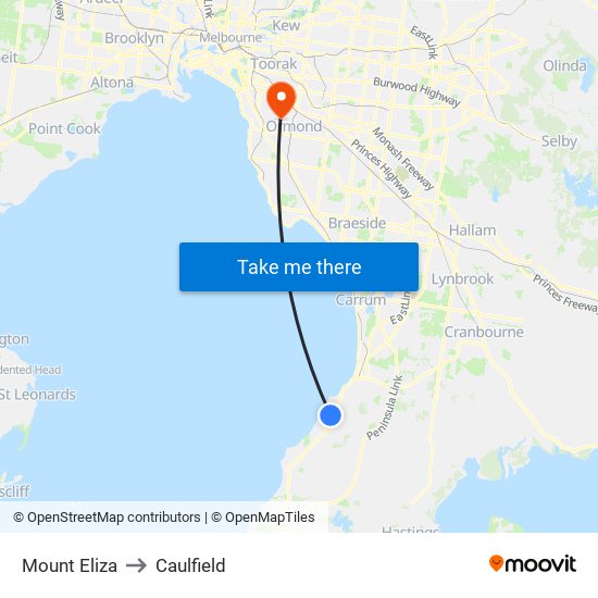 Mount Eliza to Caulfield map