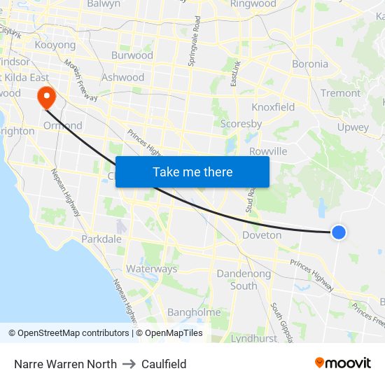 Narre Warren North to Caulfield map