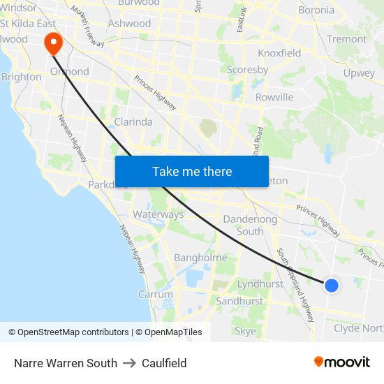 Narre Warren South to Caulfield map