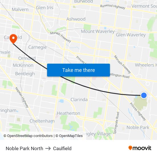 Noble Park North to Caulfield map