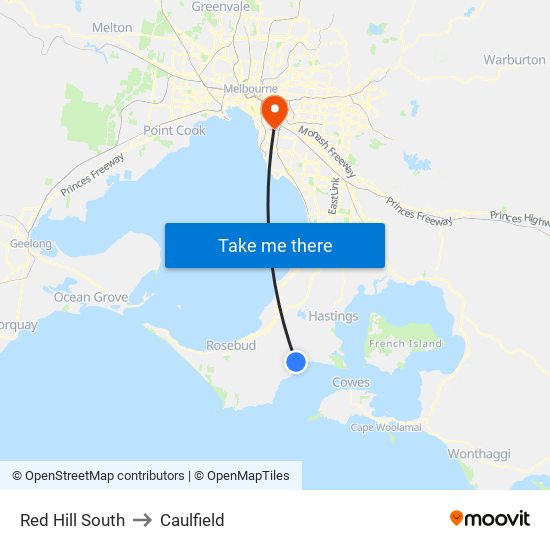 Red Hill South to Caulfield map