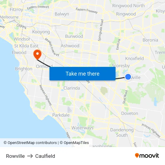 Rowville to Caulfield map
