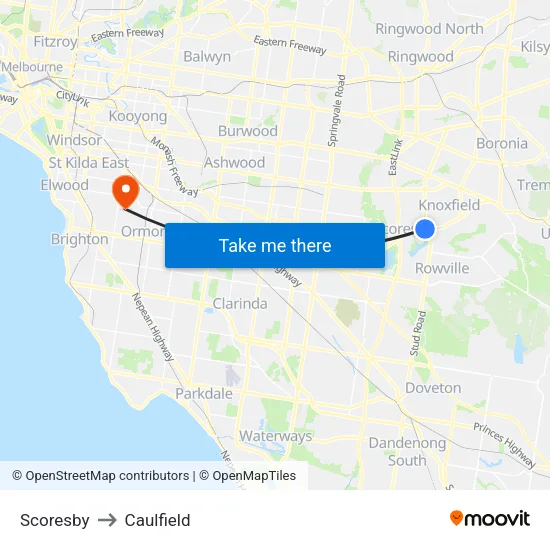 Scoresby to Caulfield map