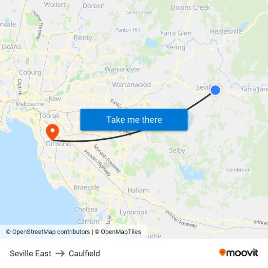 Seville East to Caulfield map