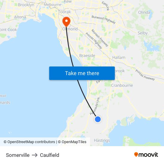 Somerville to Caulfield map