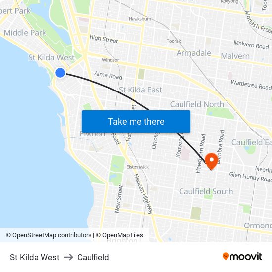 St Kilda West to Caulfield map