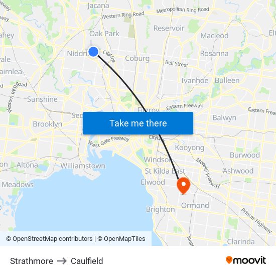 Strathmore to Caulfield map