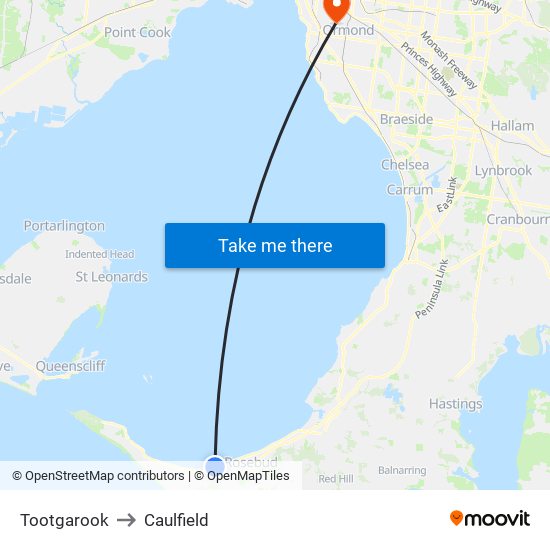 Tootgarook to Caulfield map