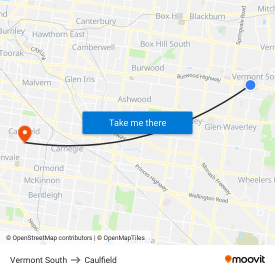 Vermont South to Caulfield map