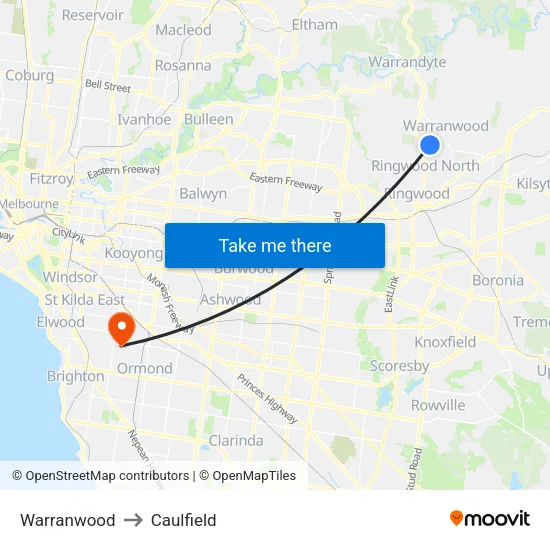 Warranwood to Caulfield map