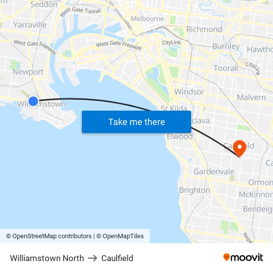 Williamstown North to Caulfield map